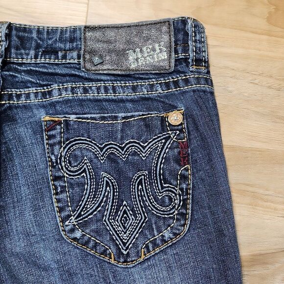 💜MEK Blue Zanzibar Distressed Boot Cut Jeans Size 6/28 - Picture 8 of 14